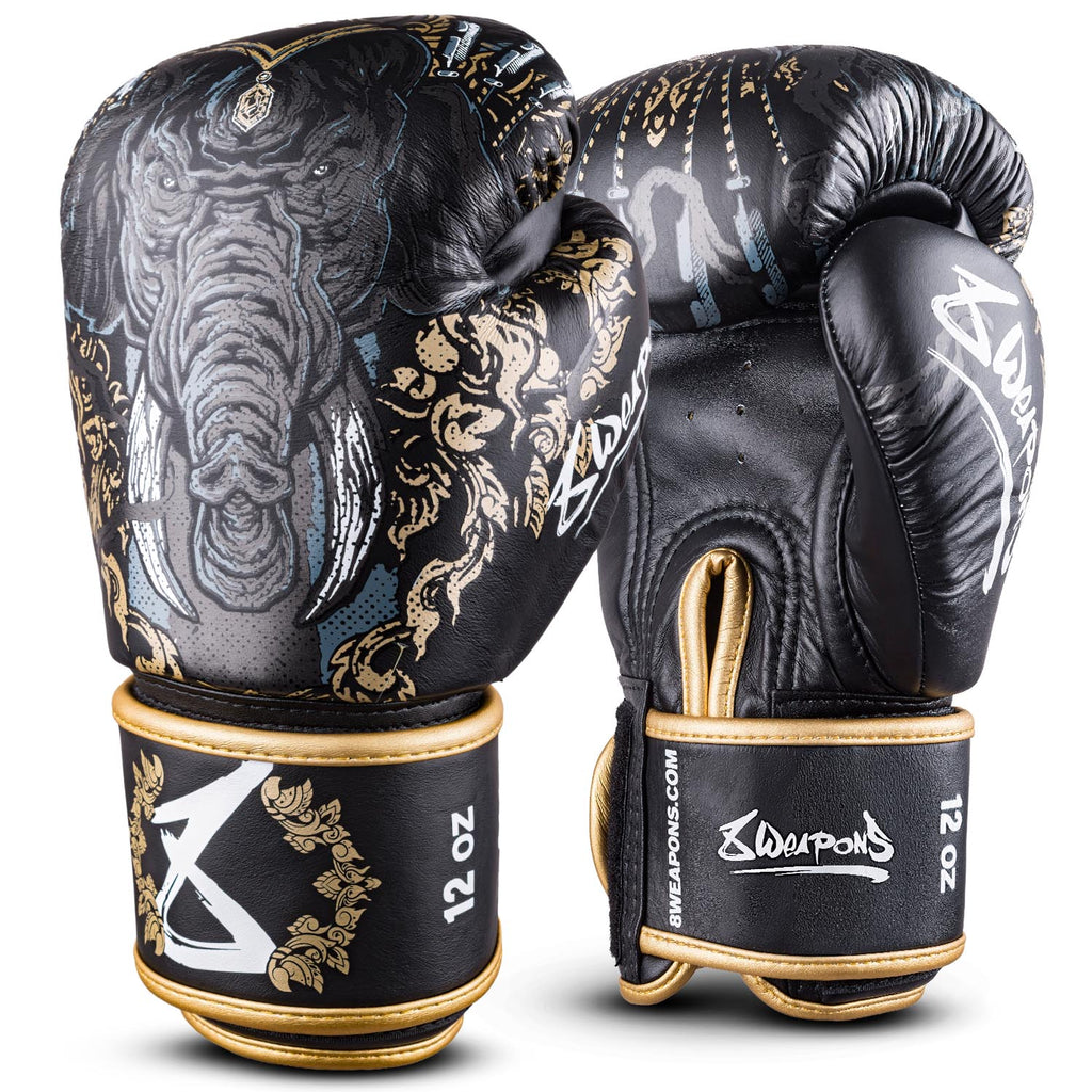 handschuh elefant 8 WEAPONS Boxhandschuhe, Three Elephants 2.0, schwarz-gold – 8 WEAPONS Fightgear Shop