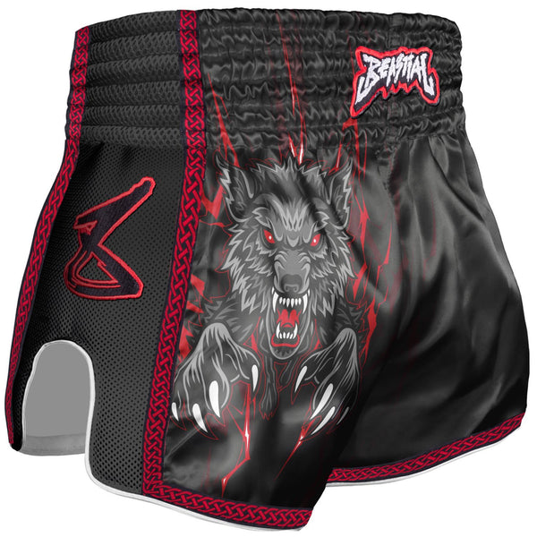 8 WEAPONS Muay Thai Shorts, Kinder, Beastial Wolf, schwarz-rot