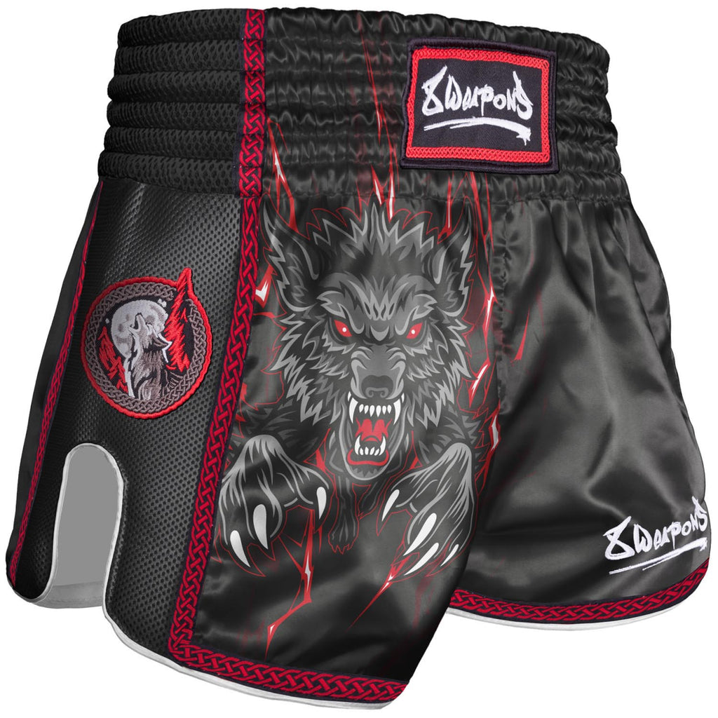 8 WEAPONS Muay Thai Shorts, Kinder, Beastial Wolf, schwarz-rot