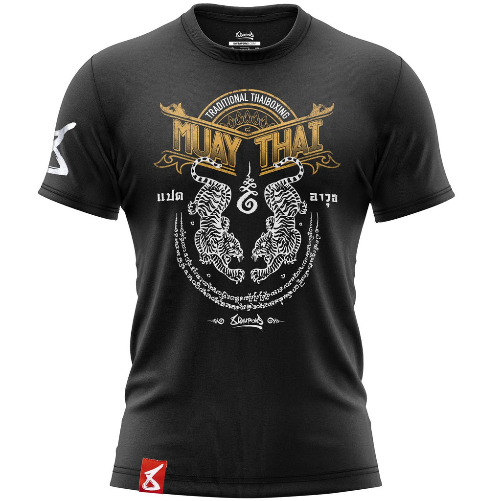 8 WEAPONS Muay Thai T-Shirt, Sak Yant Tigers, schwarz