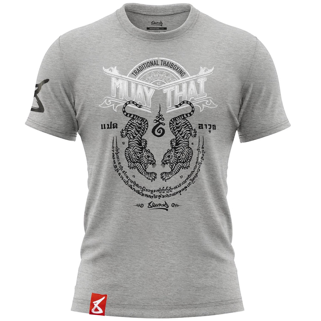 8 WEAPONS T-Shirt, Sak Yant Tigers, grau