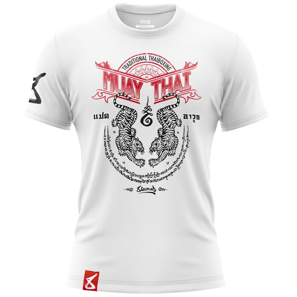 8 WEAPONS Muay Thai T-Shirt, Sak Yant Tigers, weiß